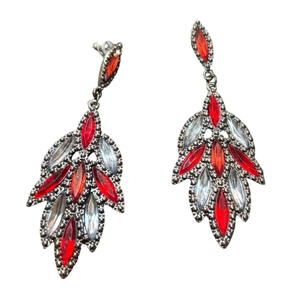 Silver & Red Dangle Teardrop Statement Earrings With Rhinestone Accents